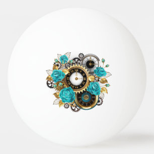 Balle De Ping Pong Horloge Steampunk et roses turquoise sur fond rayé