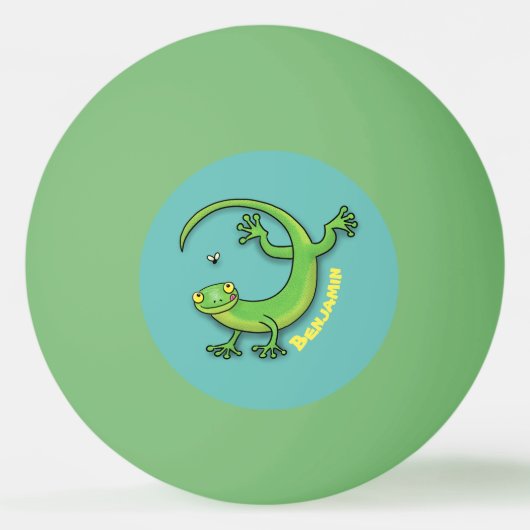 Balle De Ping Pong Joli gecko vert salutations avec dessin animé (Devant)