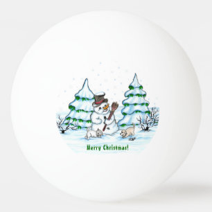 Balle De Ping Pong Joyeux Noël ! Snowman avec chat et chiot