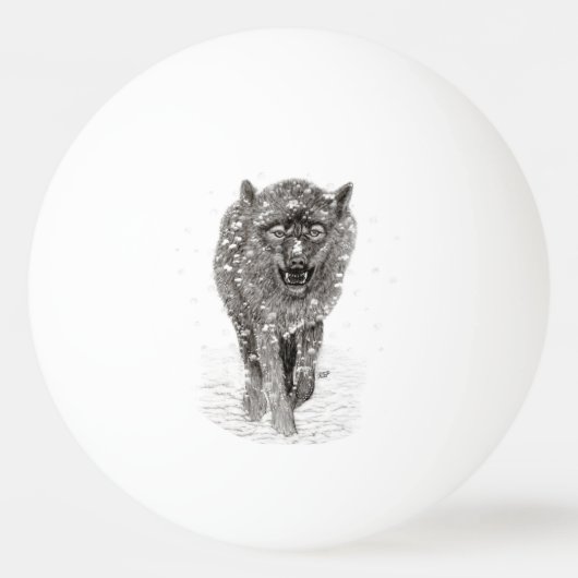 Balle De Ping Pong Loup noir en colère dans la neige, hiver sauvage (Devant)