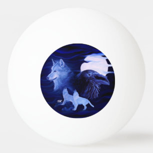 Balle De Ping Pong Loups et corbeau avec pleine lune