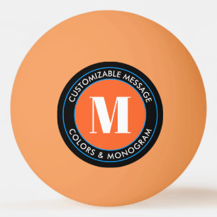 Balle De Ping Pong Monogramme & Texte Gras Noir Blanc Orange & Bleu