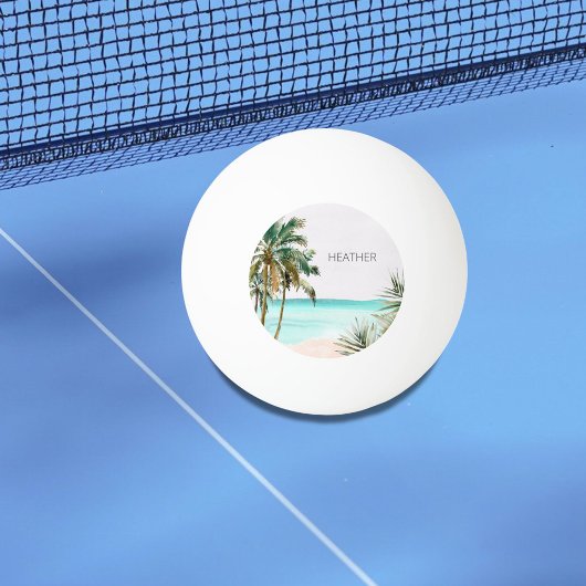 Balle De Ping Pong Palmier tropical Monogramme Plage Bleue Feuille