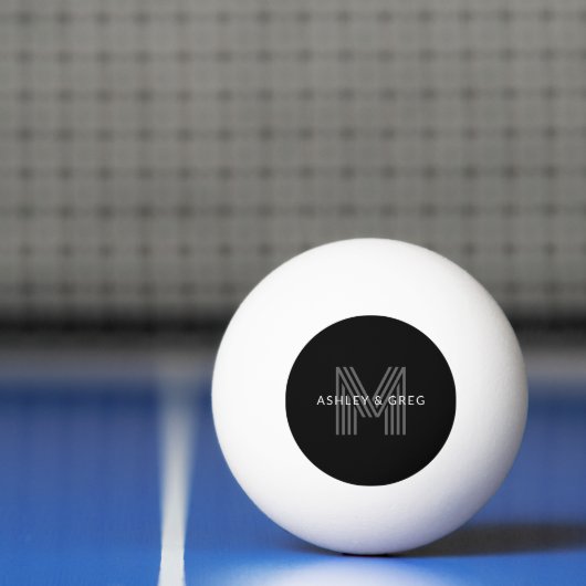 Balle De Ping Pong Retro Moderne Nom/s Monogramme modifiable Noir et (Filet)