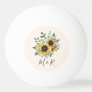 Balle De Ping Pong Tournesol rustique vintage à aquarelle monogrammé