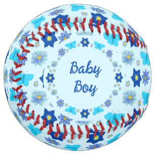 Balle De Softball Bébé bleu Papillons et fleurs personnalisés
