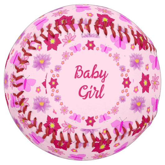 Balle De Softball Bébé rose Papillons et fleurs personnalisés (Devant gauche)