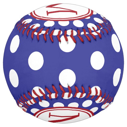 Balle De Softball Blue and White Polka Dot With Red Monogram (Dos)