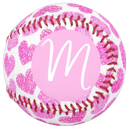 Balle De Softball Coeur rose mignon Doodled Saint Valentin Monogramm (Devant droit)