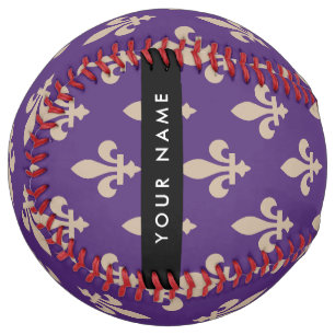 Balle De Softball Fleur de Lis, Beige sur Violet, Royal, Votre Nom