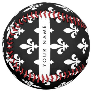 Balle De Softball Fleur de Lis, Blanc sur Noir, Blanc, Votre Nom