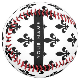 Balle De Softball Fleur de Lis, Noir sur Blanc, Noir, Votre Nom