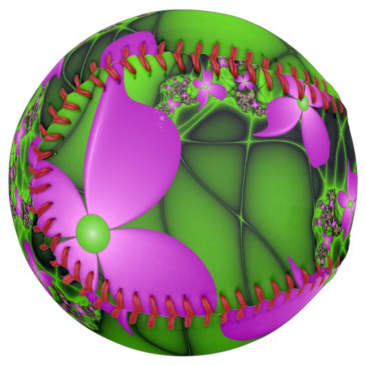 Balle De Softball Fleurs fractales Abstraites de néon rose vert (Devant gauche)