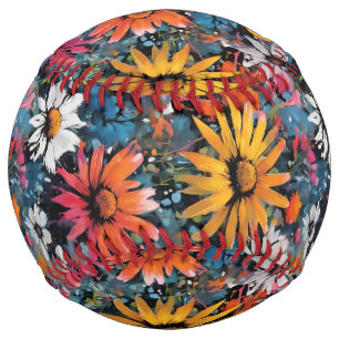 Balle De Softball Impression vibrante de fleurs sauvages colorées