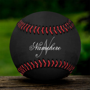 Balle De Softball Monogramme de nom noir et blanc personnalisé uniqu