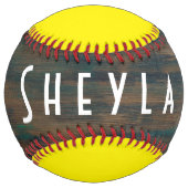 Balle De Softball Nom rustique en bois foncé jaune (Devant)