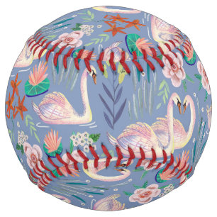 Balle De Softball Oiseaux de cygne Floral Botanique Bleu Motif