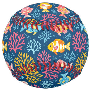Balle De Softball Poisson et corail bleu nautique