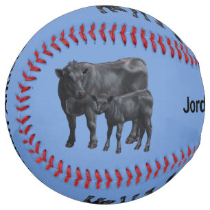 Balle De Softball Vache d'Angus noir et veau mou en pâturage d'été