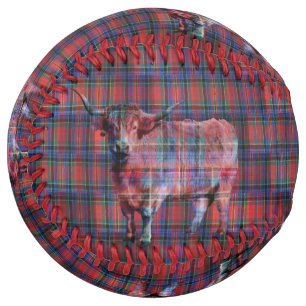 Balle De Softball Vache Highland Sur Tartan Bleu Rouge,