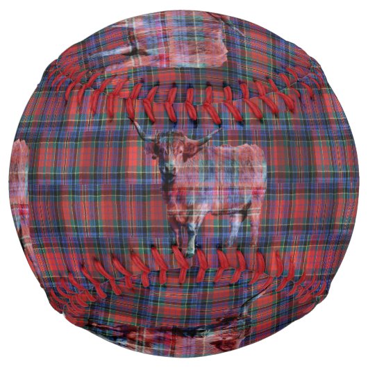Balle De Softball Vache Highland Sur Tartan Bleu Rouge, (Devant)