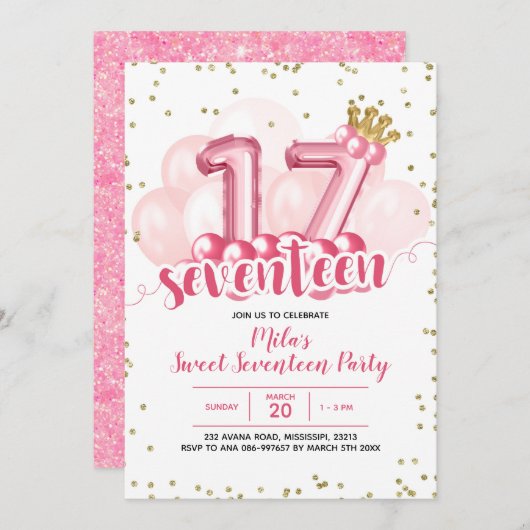 Balle rose de la Couronne dix-sept Invitation d'an (Devant / Derrière)