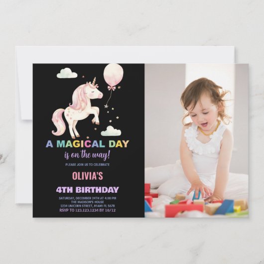 Balle rose Unicorne Invitations Anniversaire avec (Devant)