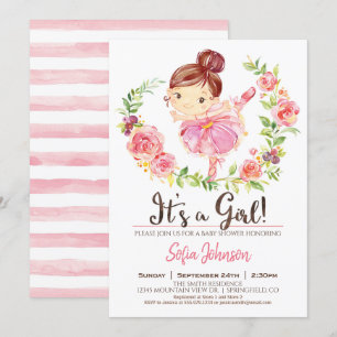 Ballerina Baby shower Girl Pink Invitation Kaart