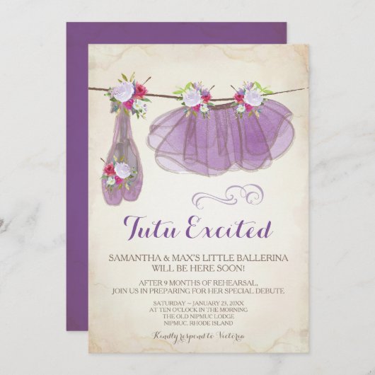 Ballerina Baby shower Invitation fille, violet (Devant / Derrière)