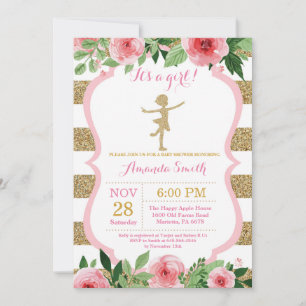 Ballerina Baby Shower Roze en Gouden Glitters Kaart