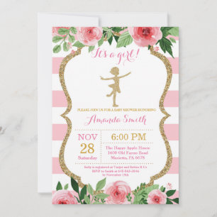 Ballerina Baby Shower Roze en Gouden Glitters Kaart