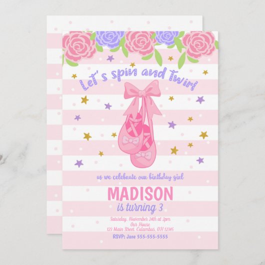 Ballerina Birthday Invitation / Ballet Shoes Kaart (Voorkant / Achterkant)