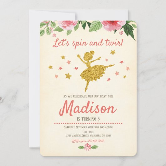 Ballerina Birthday Invitation /  / Retro Kaart (Voorkant)