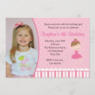 Ballerina Birthday Invitations with Photo (Pink) Kaart