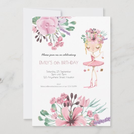 Ballerina Bloemen Foliage Meisjes 6e Verjaardagsfe Kaart (Voorkant)