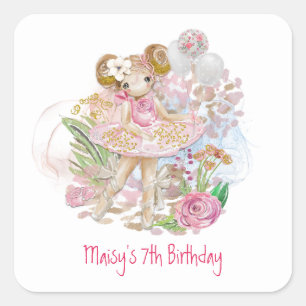 Ballerina Bloemen Roze Meisje 7e Verjaardagsfeest Vierkante Sticker
