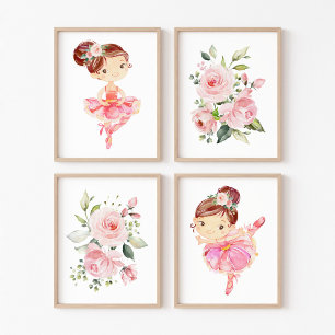 Ballerina, Bruin Haar, Roze Bloemen, Meisje Kweker Muurkunst Sets