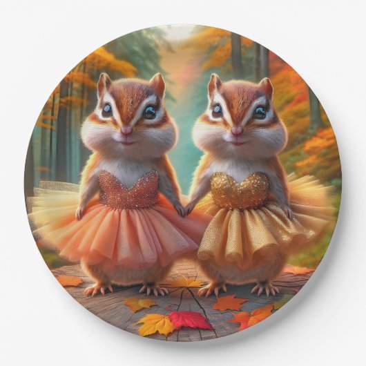 Ballerina Chipmunks op een Herfst boomstronk Papieren Bordje (Voorkant)