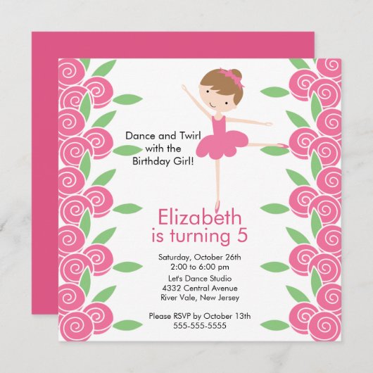Ballerina Dance Birthday Invitation Kaart (Voorkant / Achterkant)