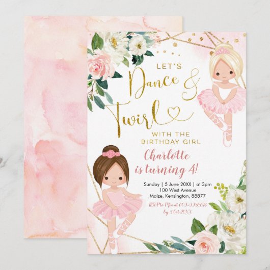 Ballerina Dance et Twirl Invitation Anniversaire (Devant / Derrière)