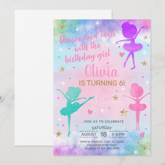 Ballerina Dance Twirl invitation d'anniversaire fi (Devant / Derrière)
