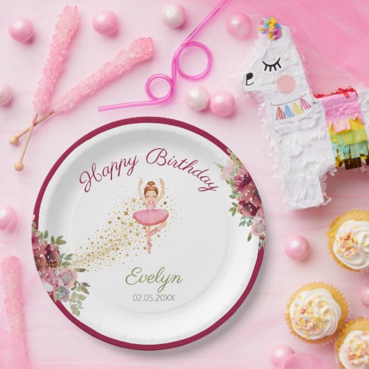 Ballerina Dancer | Roze Bloemen Ballet Verjaardag Papieren Bordje (Feest)