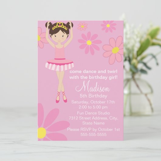  ballerina dansfeest verjaardagsuitnodiging kaart (Staand voorkant)