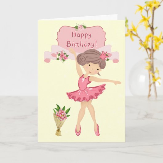 Ballerina en Pink Flowers Balletverjaardag Kaart (Gele Bloem)