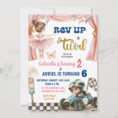 Ballerina en raceauto's gezamenlijke verjaardag kaart (Voorkant)