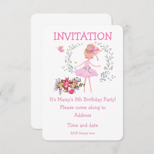Ballerina et Floral Design Invitation d'anniversai (Devant / Derrière)
