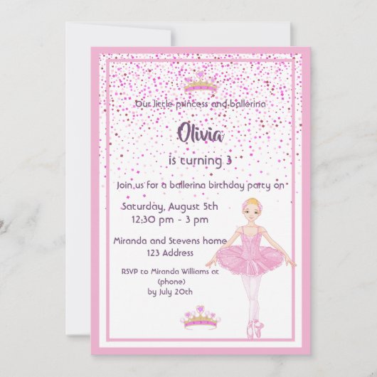 Ballerina et invitations à la fête d'anniversaire  (Devant)