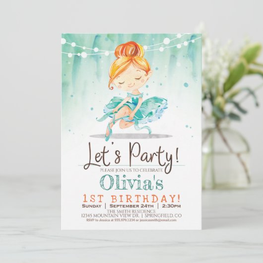 Ballerina Girl Mint Verjaardagsfeestje Uitnodiging (Staand voorkant)
