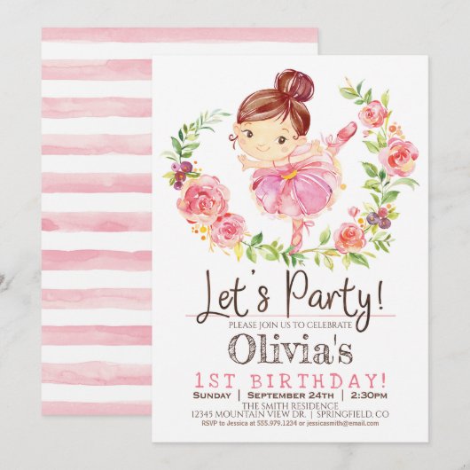 Ballerina Girl Rose Anniversaire Invitation (Devant / Derrière)