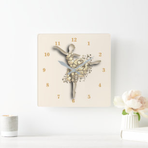 Ballerina Gold Clock Golden Ballet Dancer Girl Vierkante Klok